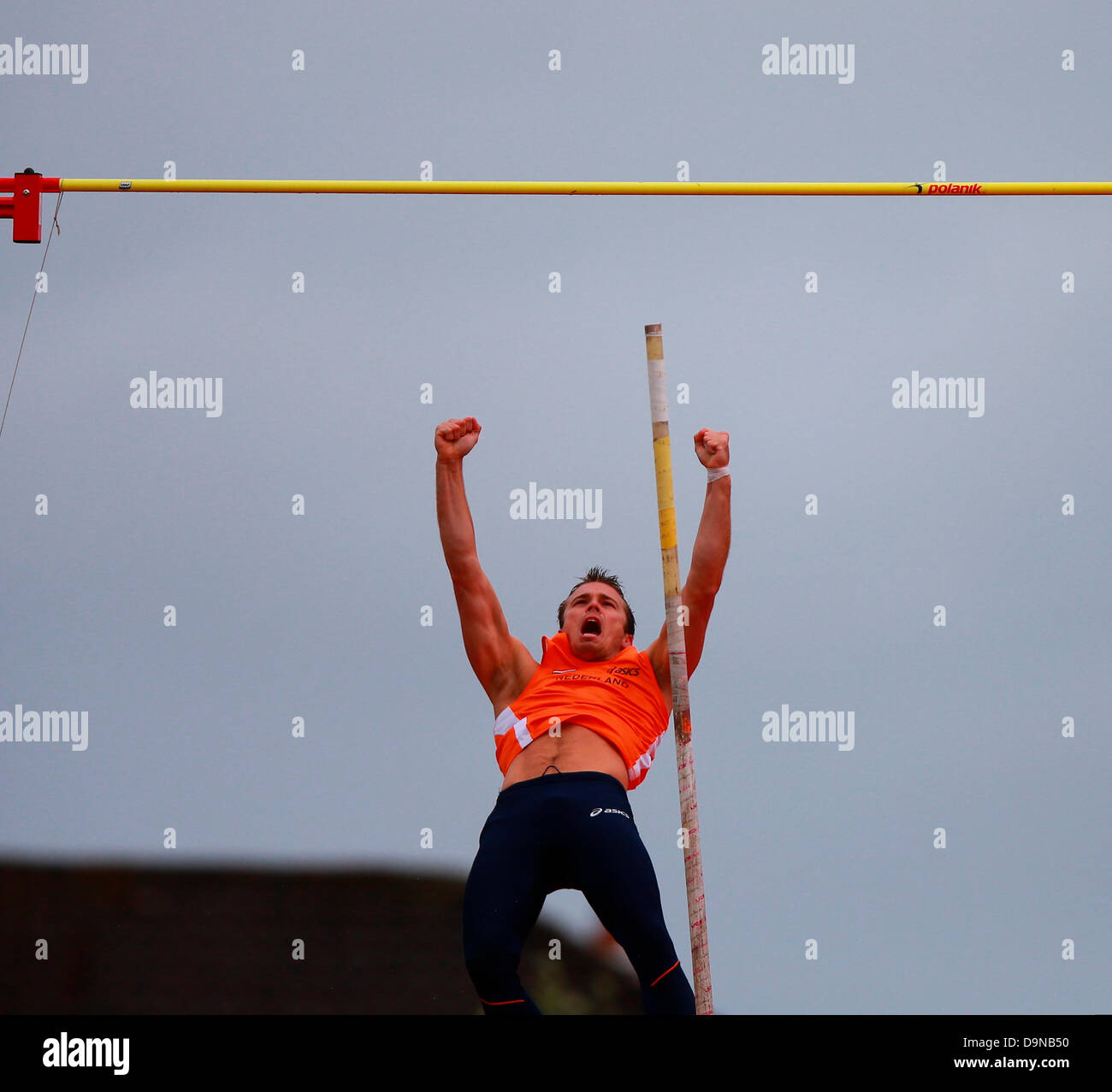 Dublin, Ireland. 23rd June, 2013. Jorn Bakker (NED) celebrates clearing 5m15 pole vault during the European Athletics Team Championships 1st League from Morton Stadium, Santry. Credit: Action Plus Sports/Alamy Live News Stock Photo