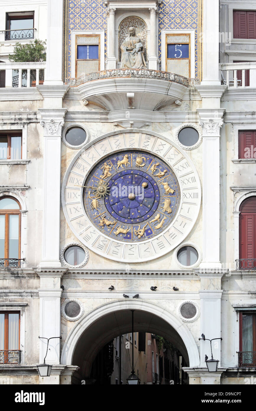Astronomical Clock Tower (Torre dell'Orologio) Details. St. Mark's Square (Piazza San Marko), Venice, Italy. Stock Photo