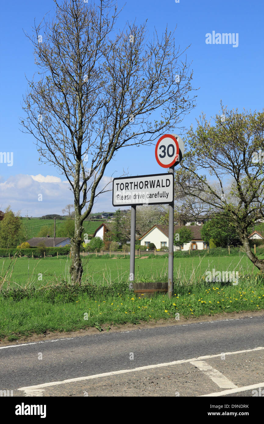 30 MPH Traffic Road Sign at Torthorwald Village, Dumfries and Galloway, Scotland, UK Stock Photo