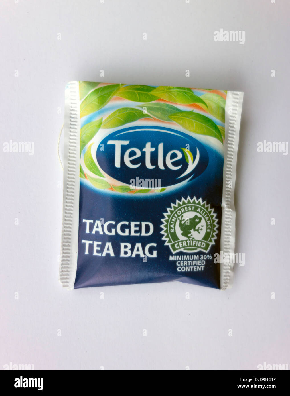Tetley tagged tea bag outer packaging Stock Photo