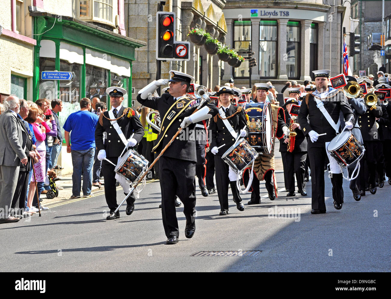 The Royal Navy band marching through the streets of Helston in Cornwall