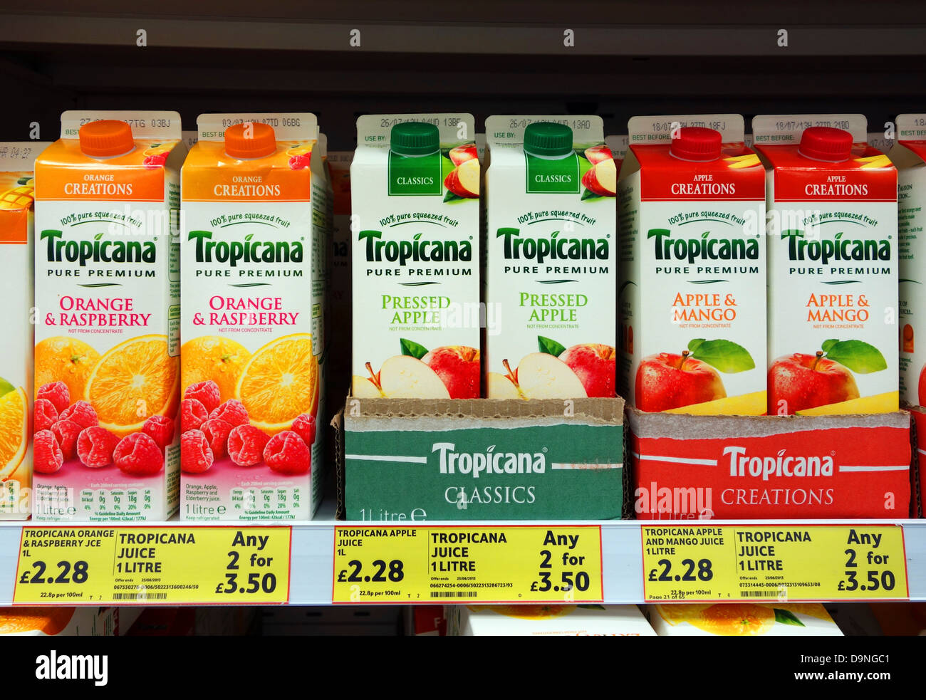 cartons of tropicana fruit juice on offer in a Tesco supermarket, uk Stock Photo