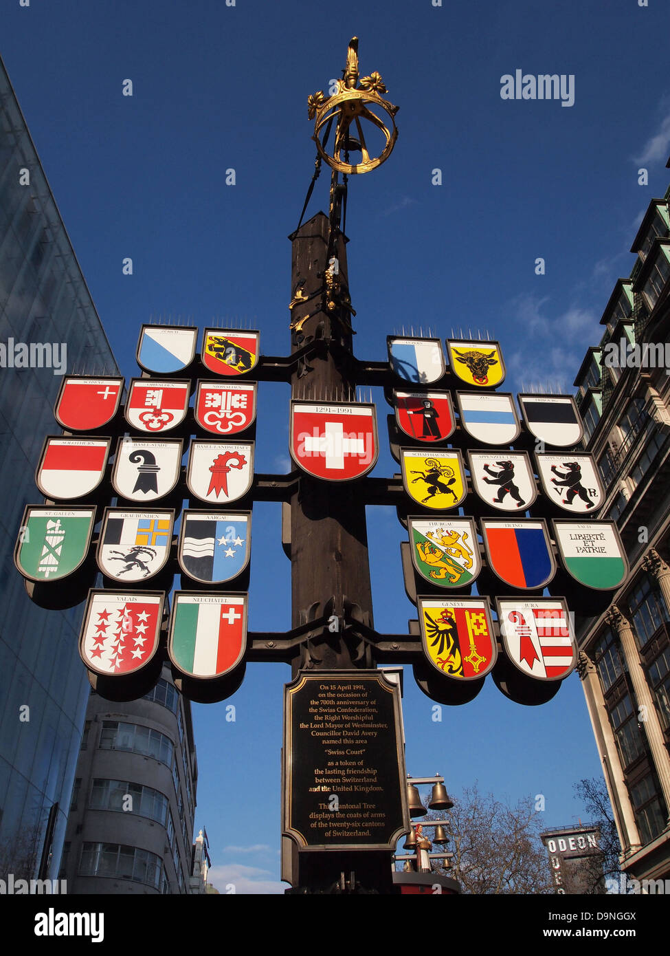 Swiss Court Cantonal Tree Leicester Square London United Kingdom Stock Photo