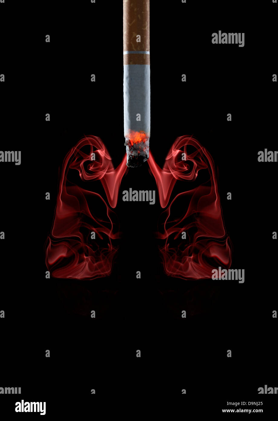 Burning cigarette with the smoke manipulated into the shape of lungs. Stock Photo