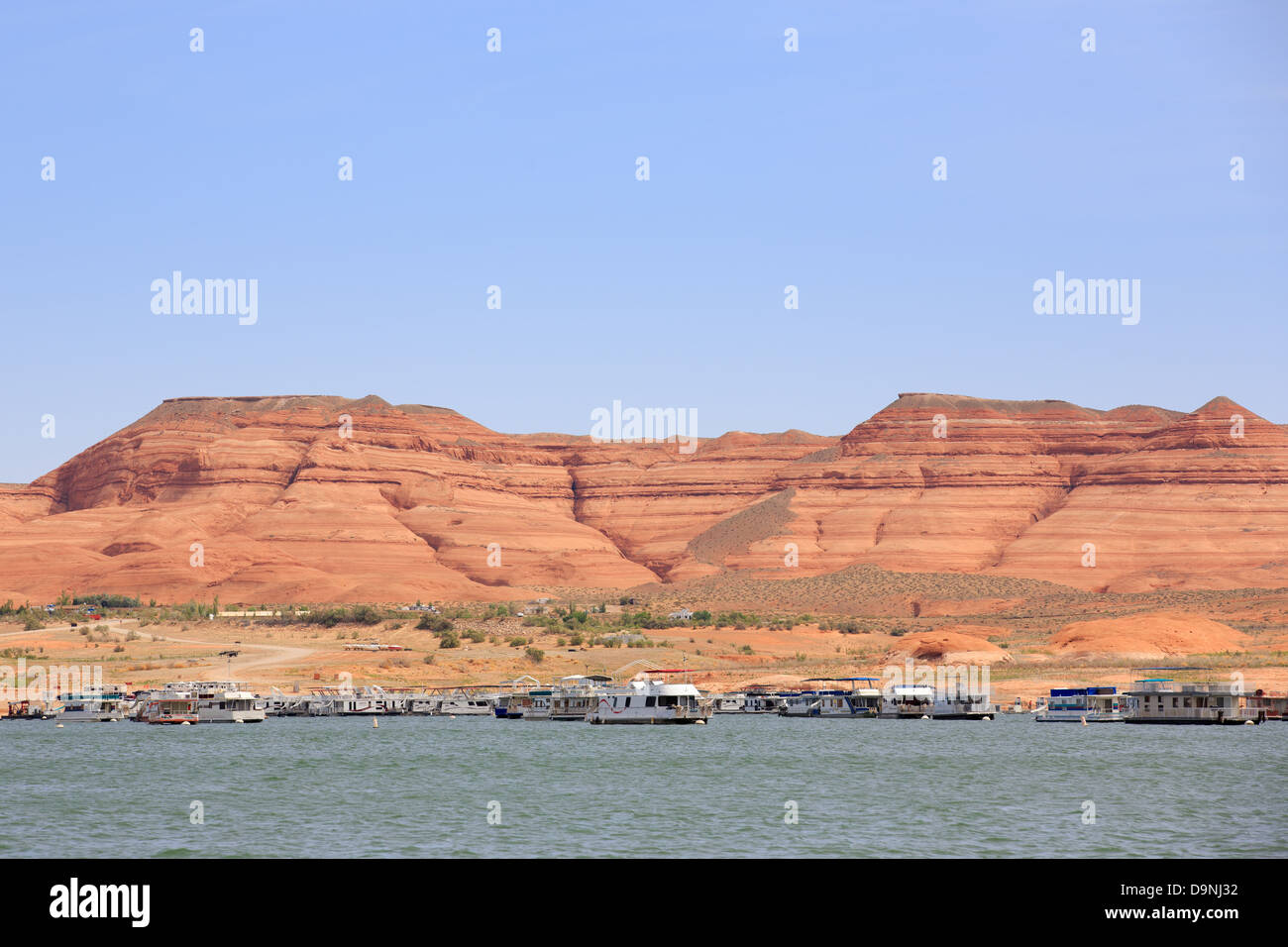 Moored houseboats in Bullfrog Marina at Lake Powell in Utah. Stock Photo