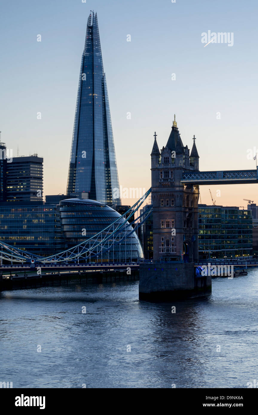UK, England, London, Tower Bridge and Shard, dusk Stock Photo