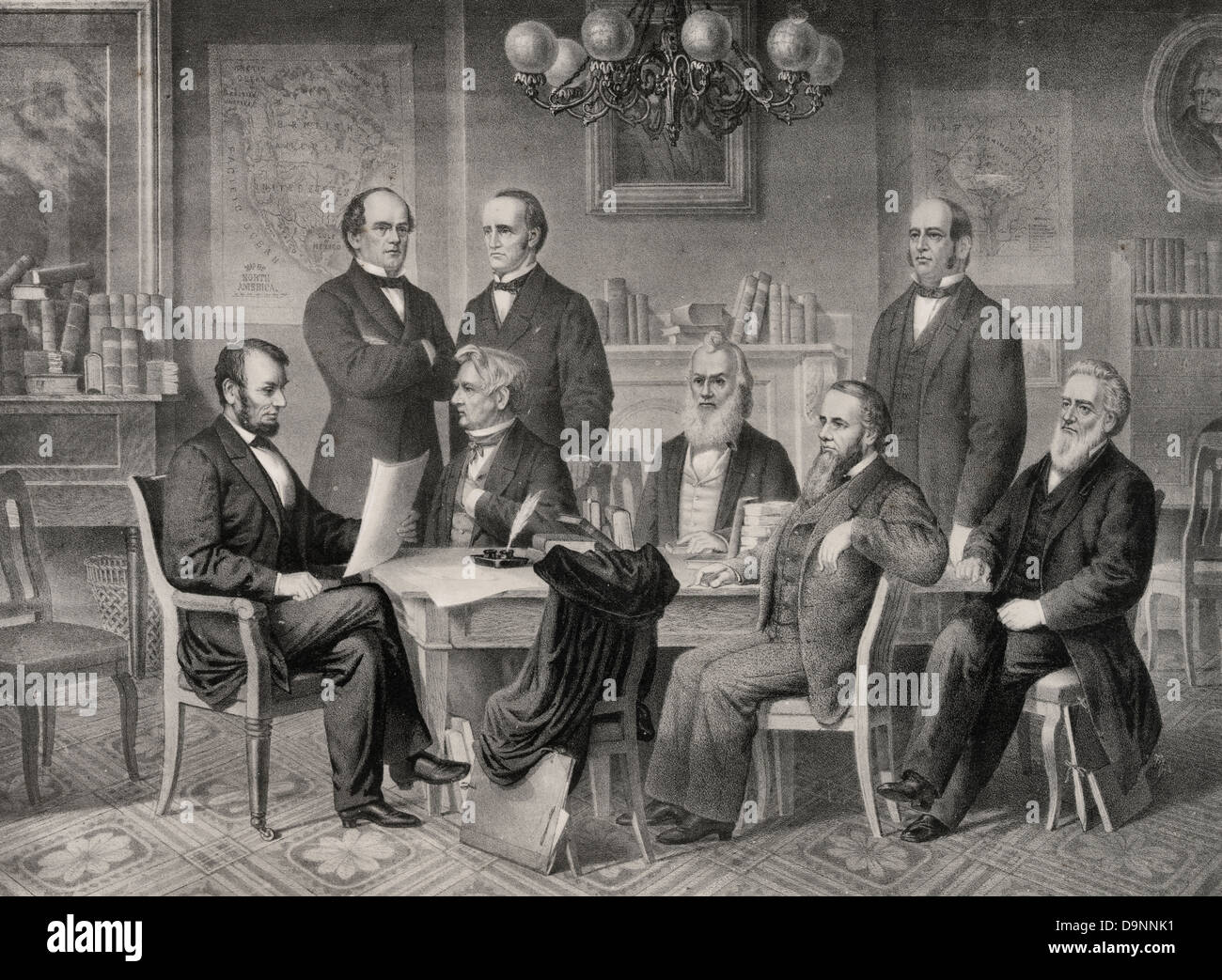 President Lincoln and his cabinet. Reading of the emancipation proclamation, circa 1863 Stock Photo