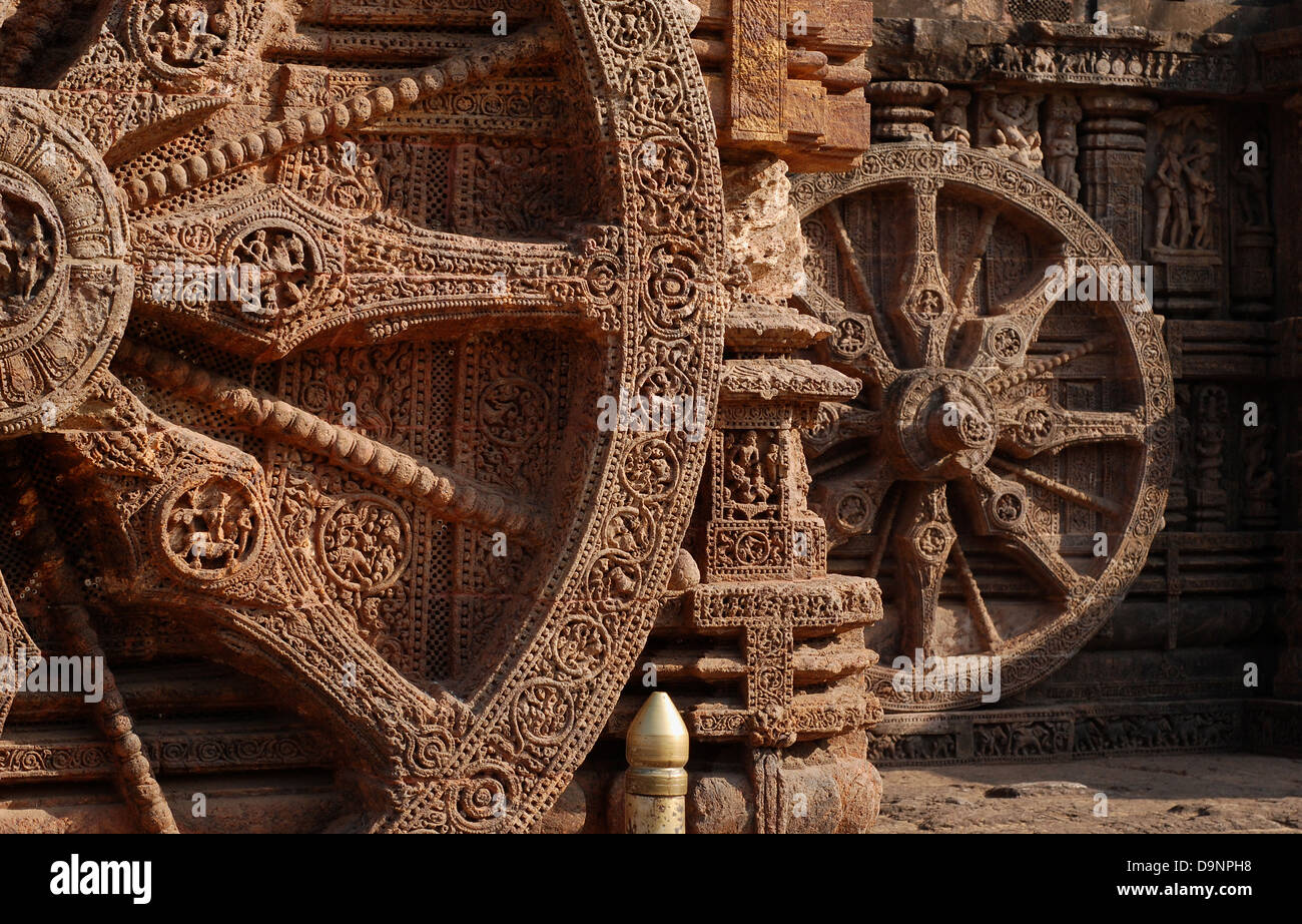 carved stone wheels at konark sun temple,orissa,india Stock Photo