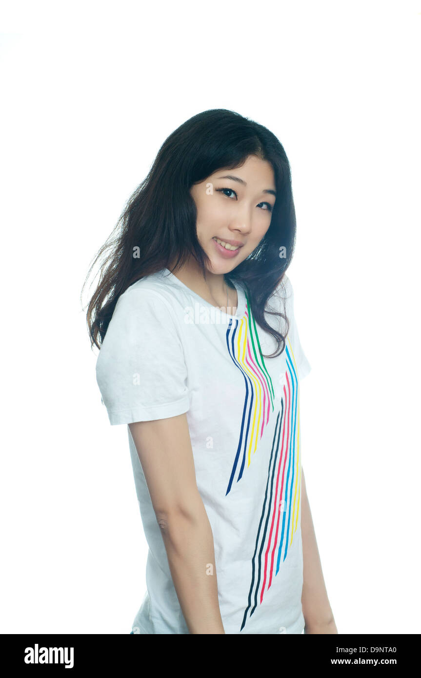 Portrait of beautiful Chinese girl in t-shirt Stock Photo