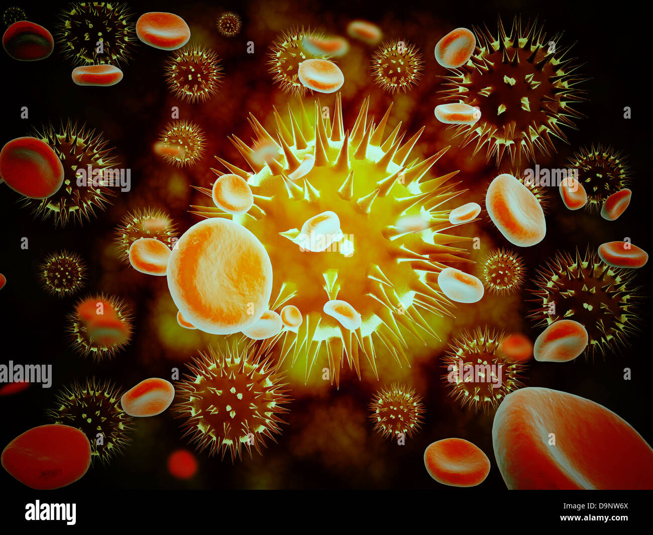 Cancer cell with red blood cell flow. Stock Photo