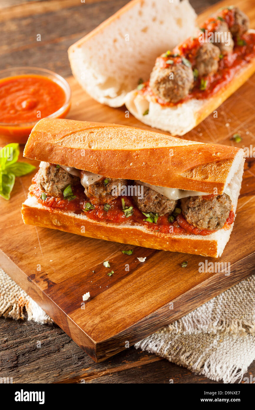 Homemade Spicy Meatball Sub Sandwich with Marinara Sauce and Cheese