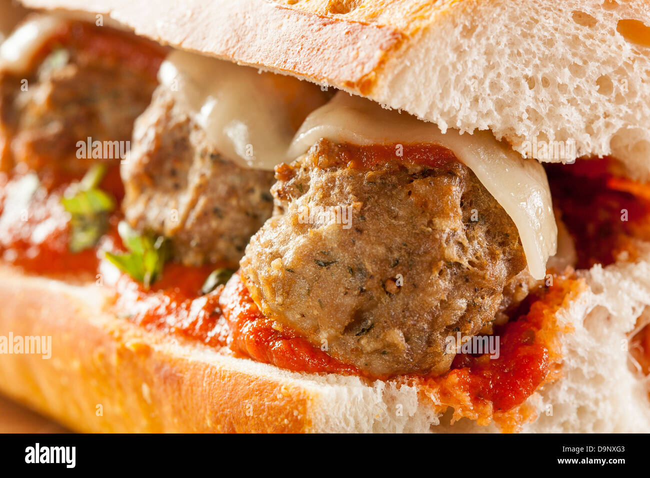 Homemade Spicy Meatball Sub Sandwich with Marinara Sauce and Cheese