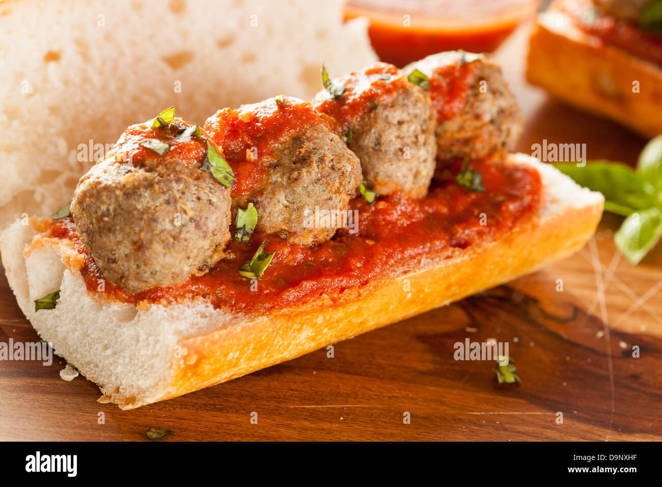 Homemade Spicy Meatball Sub Sandwich with Marinara Sauce and Cheese