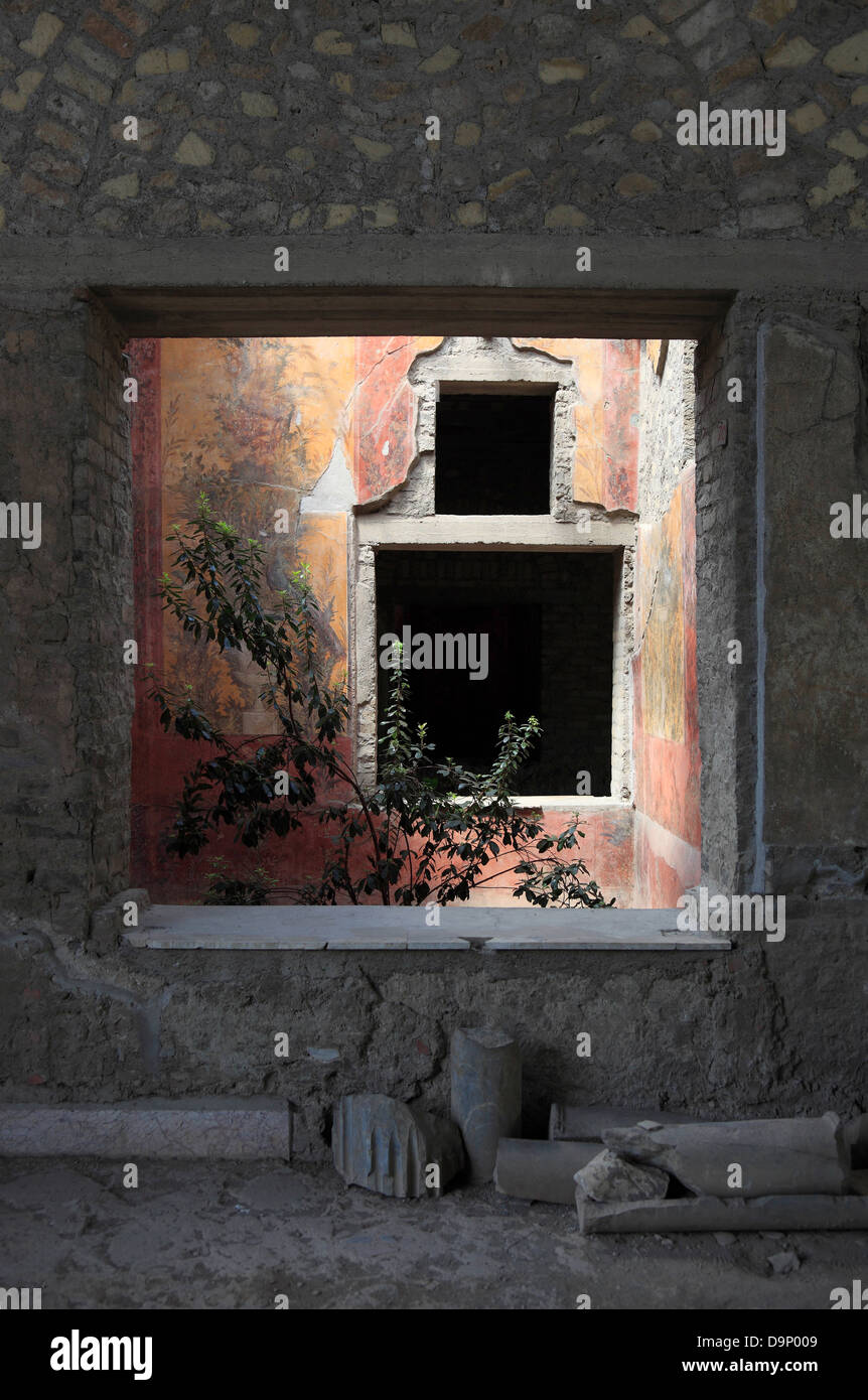 Villa of Poppea, view through window on the remains of the frescoes jewelry. Historic City Oplontis, Torre Annunziata, Campania, Stock Photo