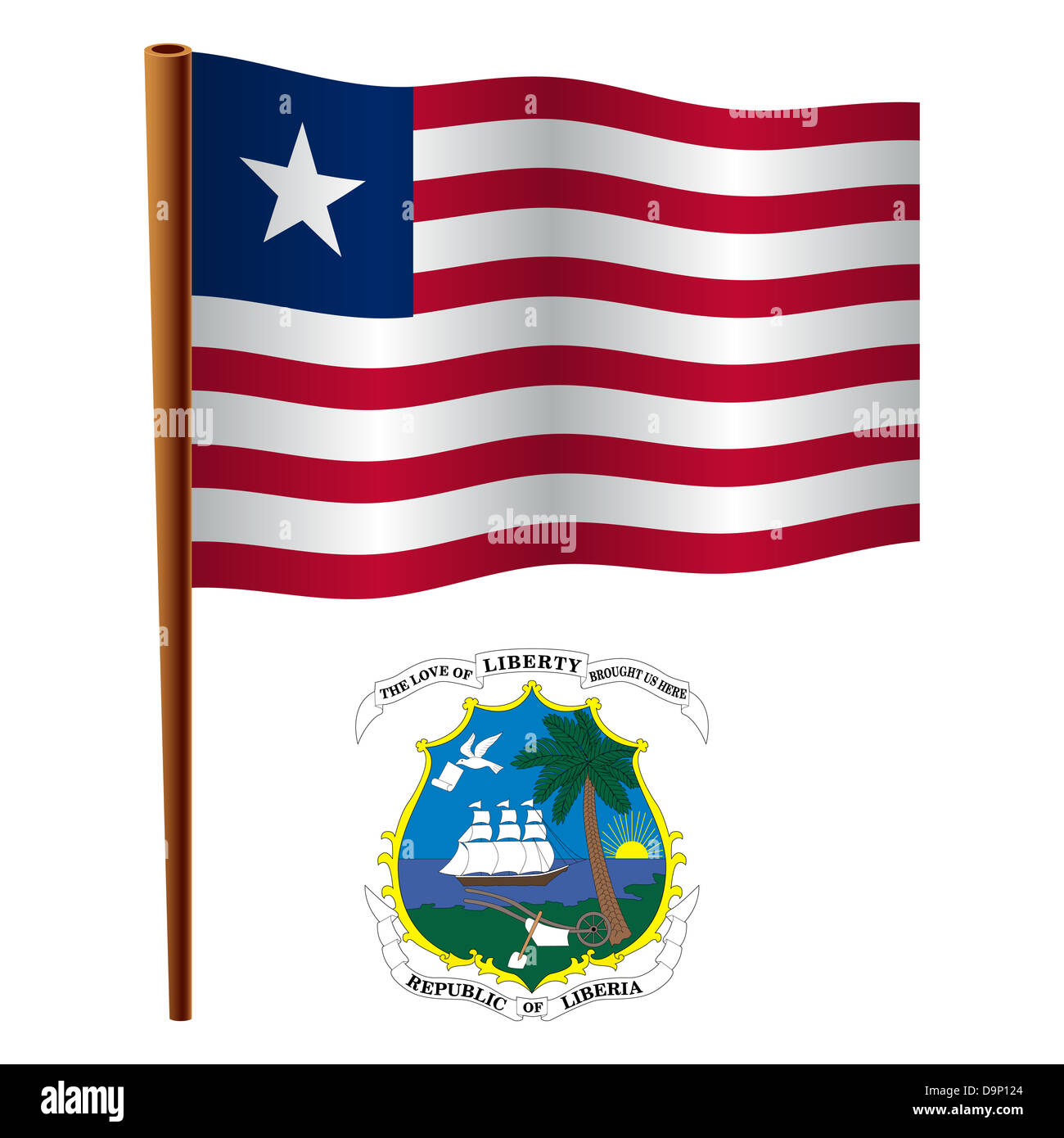 liberia wavy flag and coat of arm against white background, vector