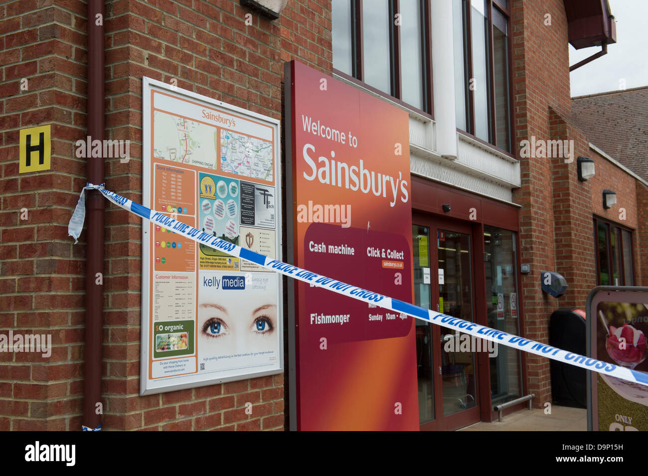 Ongar, Essex, UK. 24th June 2013. About 2.20am a number of men, one with a shotgun, held up the Sainsbury's store at Bansons Lane. Three members of the nightshift who were working there were threatened and tied up in a room. A woman staff member suffered a facial injury. The men then stole cigerettes and alcohol. A police search took place on land and by helecopter but found no trace of the suspects. The injured woman was conveyed to Princess Alexandra Hospital at Harlow and after treatment, allowed home. Credit:  Allsorts Stock Photo/Alamy Live News Stock Photo