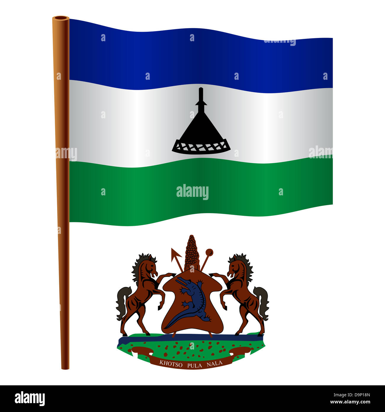 lesotho wavy flag and coat of arm against white background, vector art