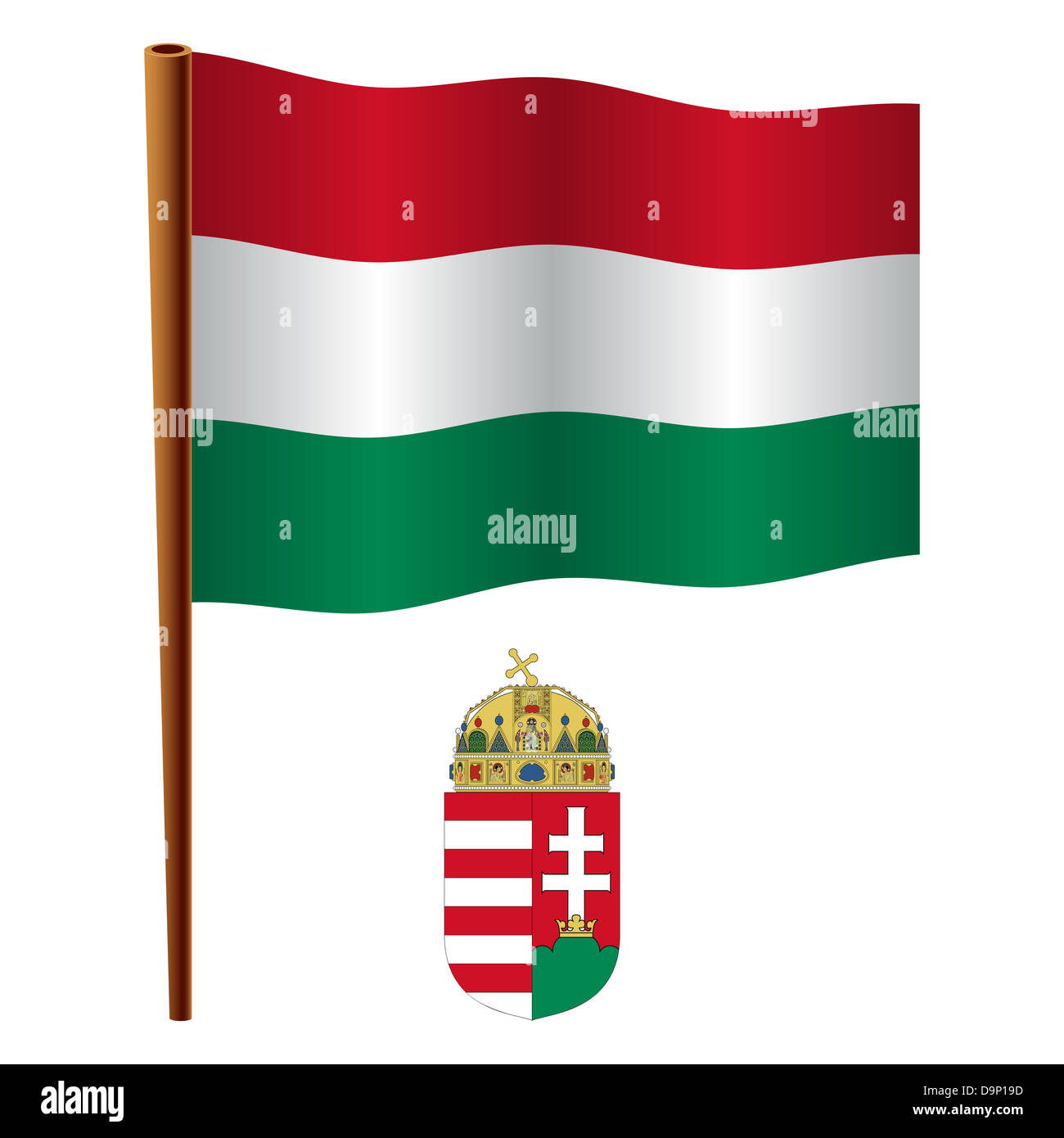 hungary wavy flag and coat of arms against white background, vector art illustration, image contains transparency Stock Photo