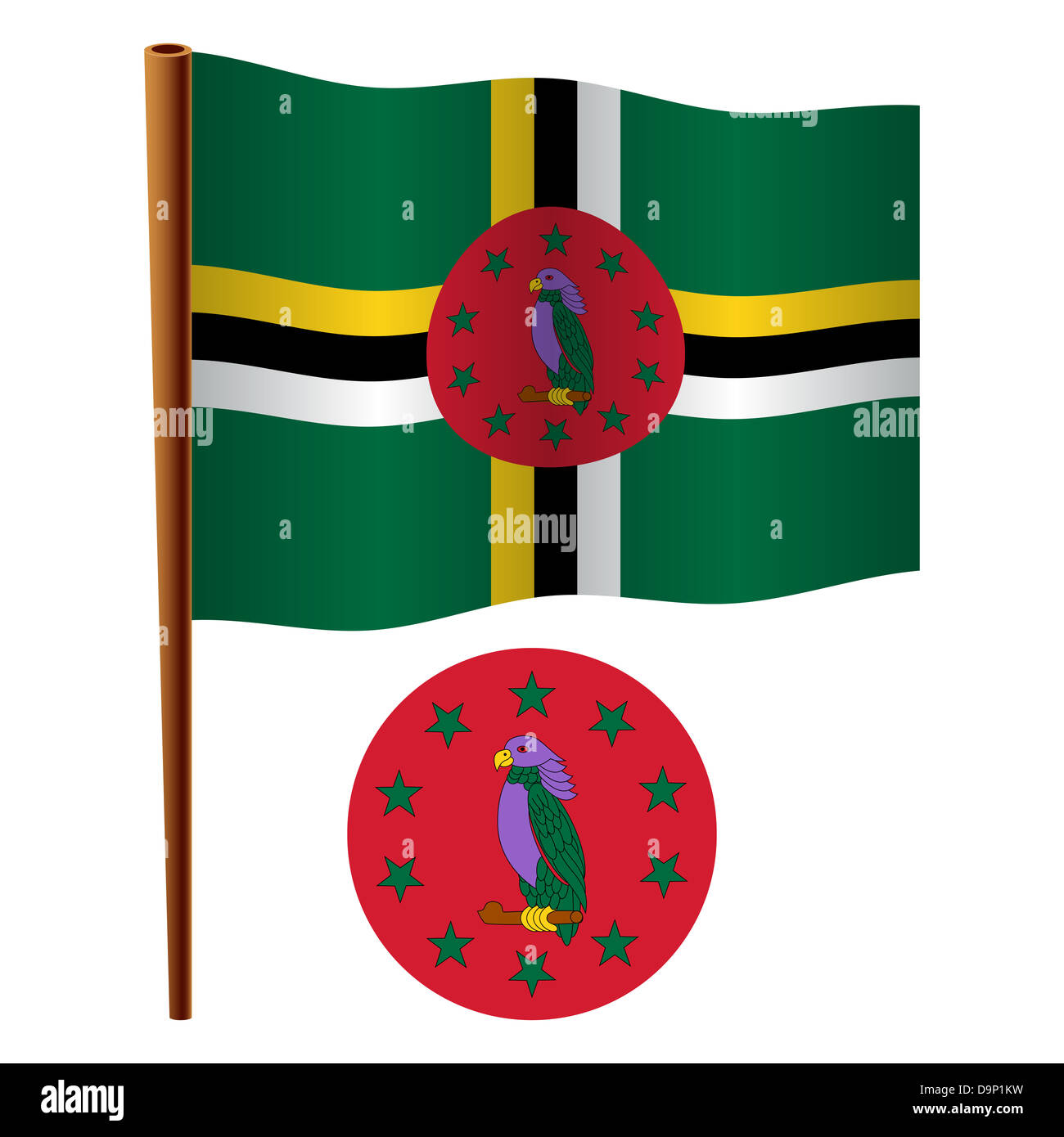 dominica wavy flag and coat of arms against white background, vector