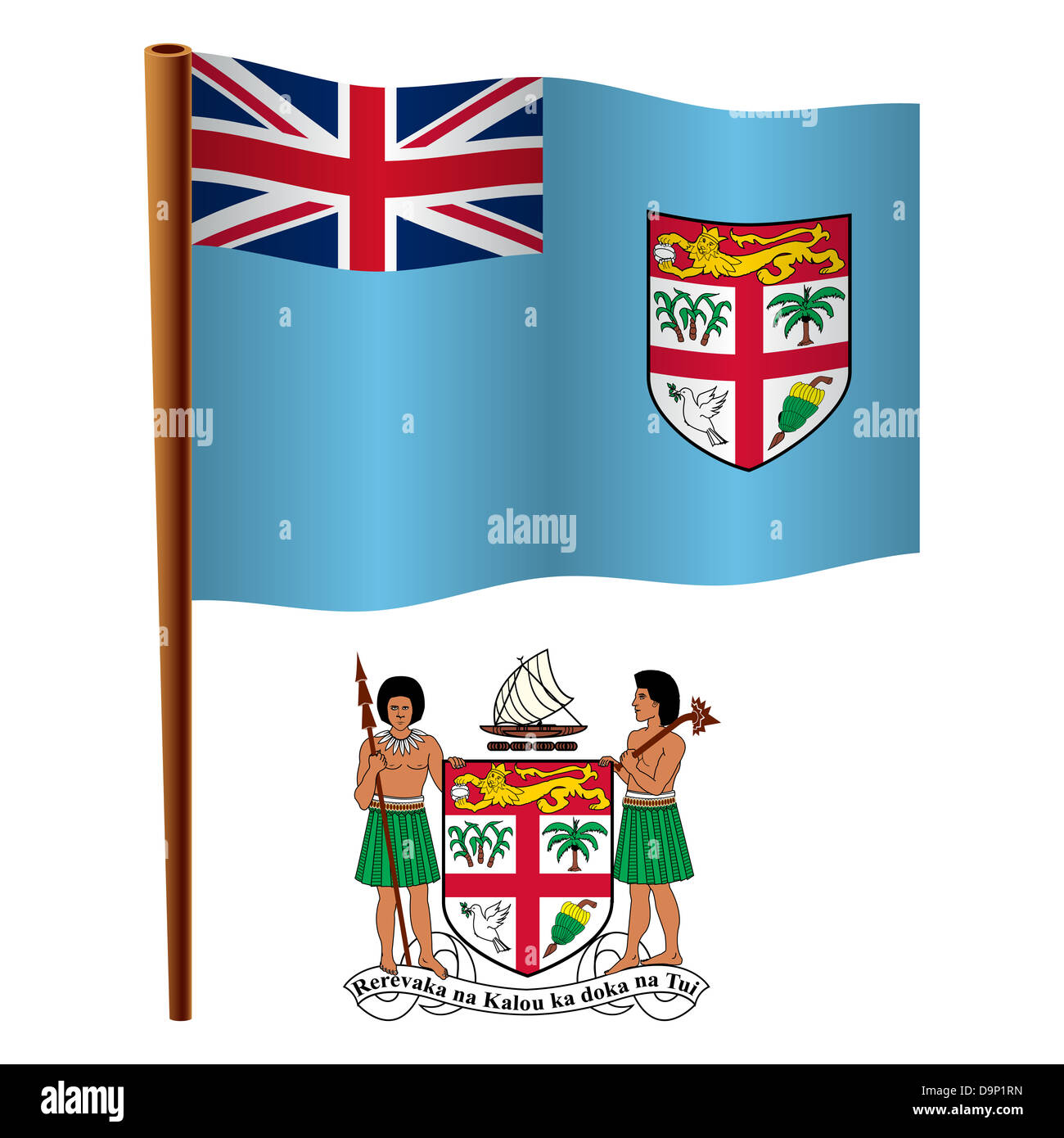 fiji wavy flag and coat of arms against white background, vector art illustration, image