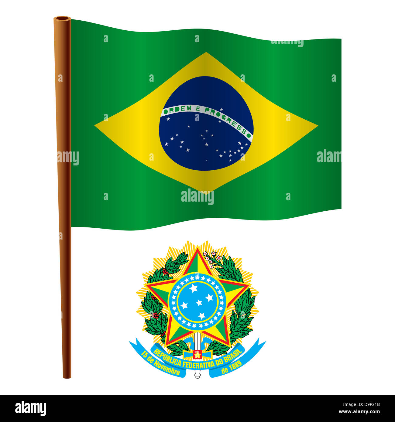brasil wavy flag and coat of arms against white background, vector art illustration, image contains transparency Stock Photo