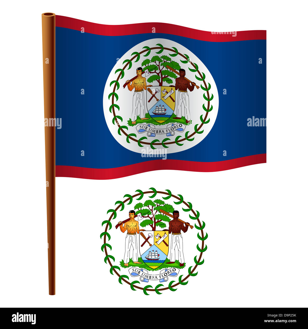 belize wavy flag and coat of arms against white background, vector art