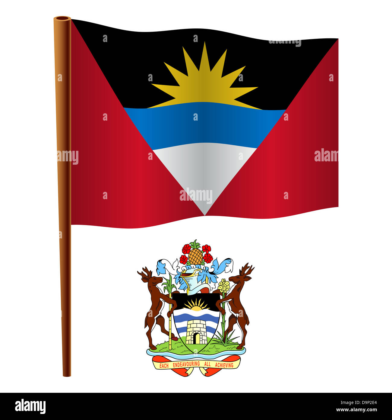 antigua and barbuda wavy flag and coat of arms against white background