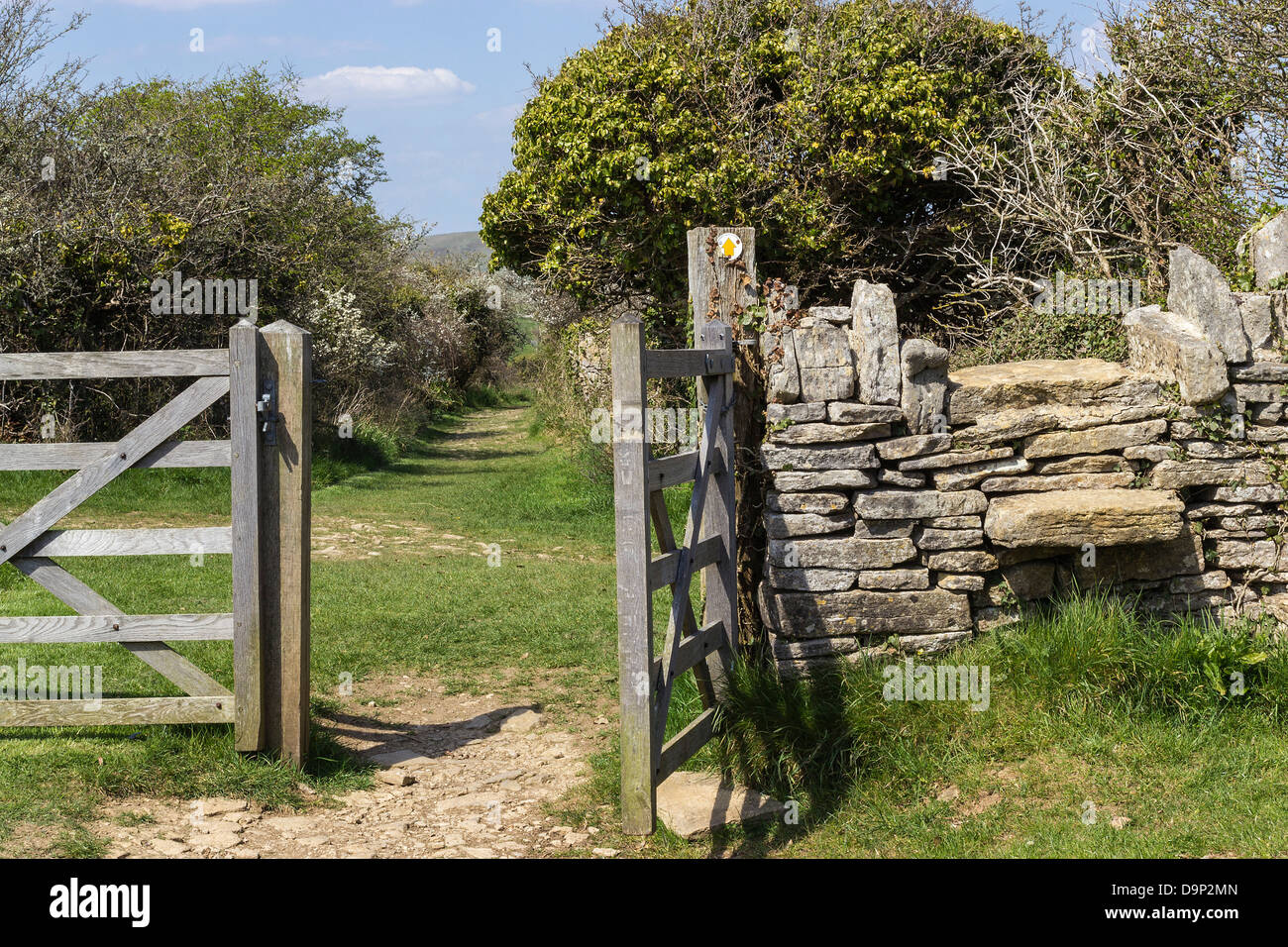 Durlston Country Park, Stone wall, wooden gate and footpath, Swanage