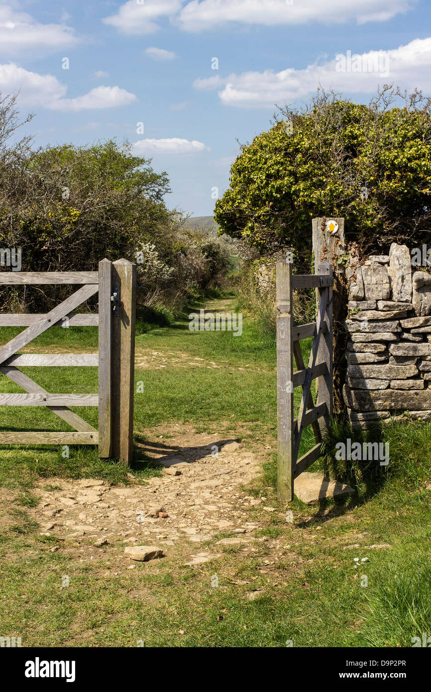Durlston Country Park, Stone wall, wooden gate and footpath, Swanage
