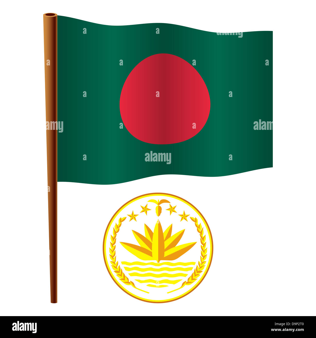 bangladesh wavy flag and coat of arms against white background, vector art illustration, image contains transparency Stock Photo