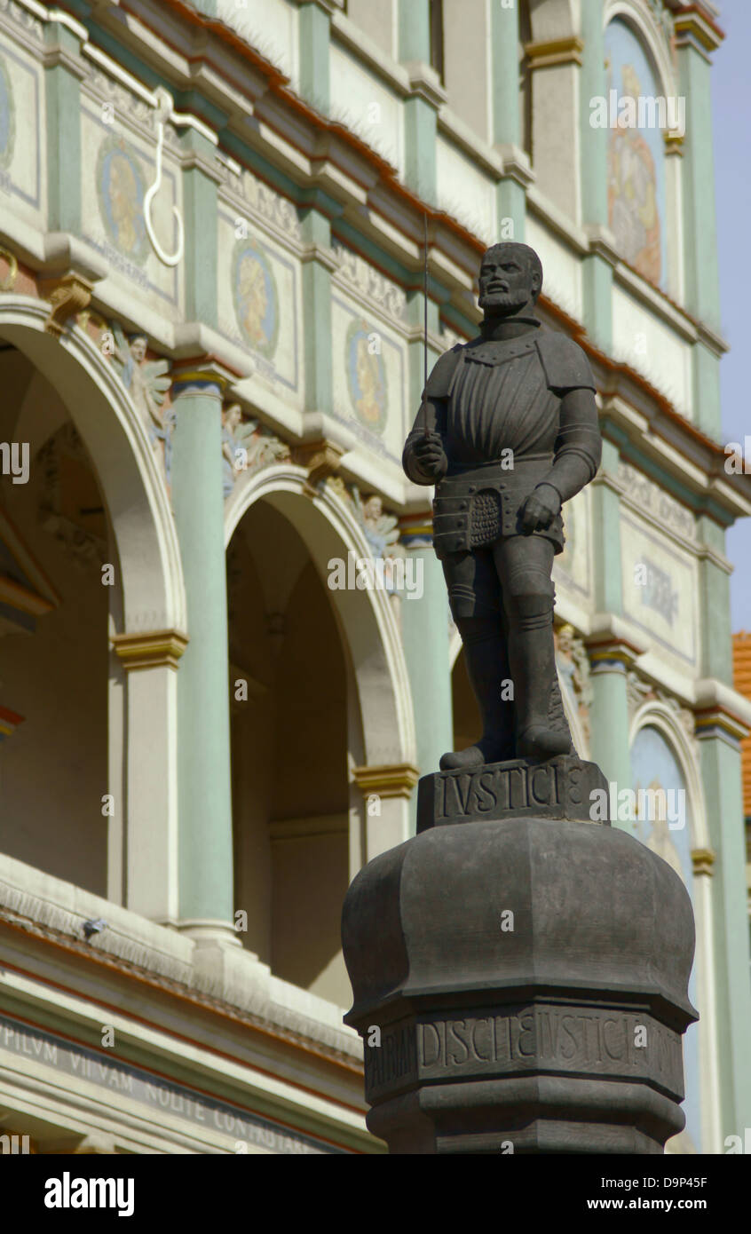 whipping post with statuette of executioner, Old Market, Poznan, Poland Stock Photo