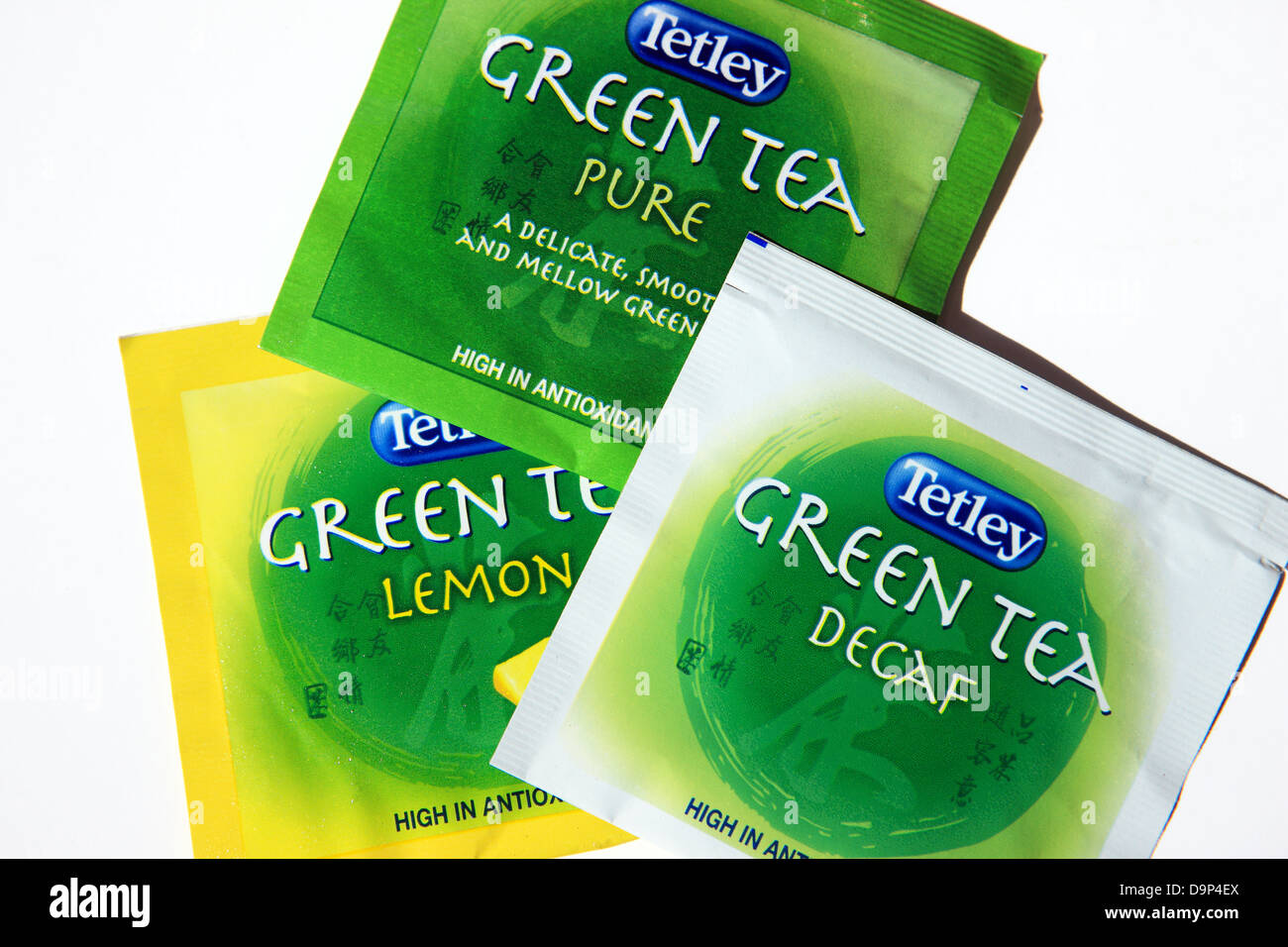 Tetley individual green tea sachets Stock Photo