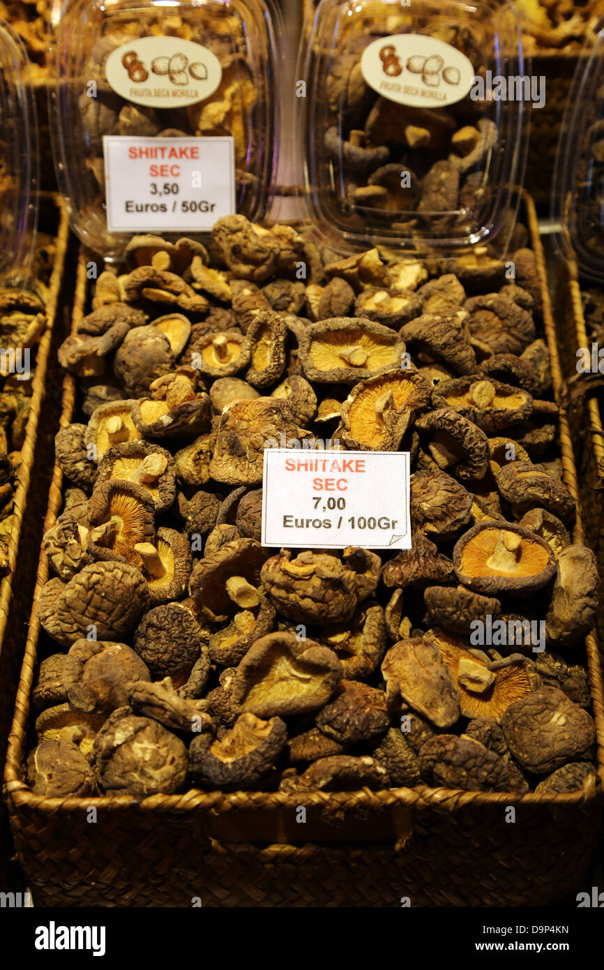 Shitake mushrooms on a vegetable stall at La Boqueria market de St