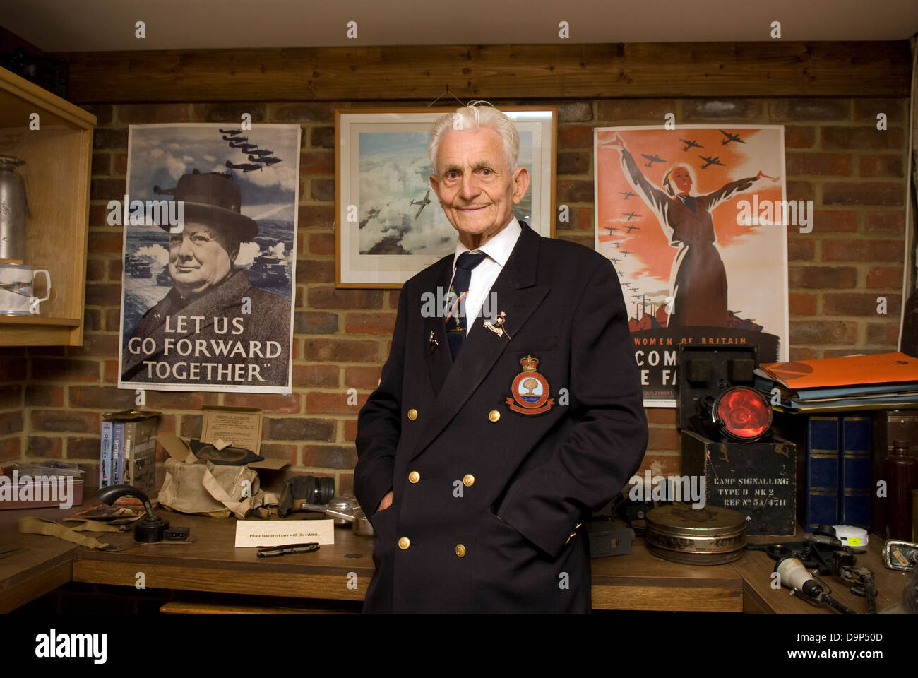 Former Sergeant in REME (Royal Electrical Mechanical Engineers) with World War Two memorabilia, Whitehill, Bordon, Hampshire, UK. Stock Photo