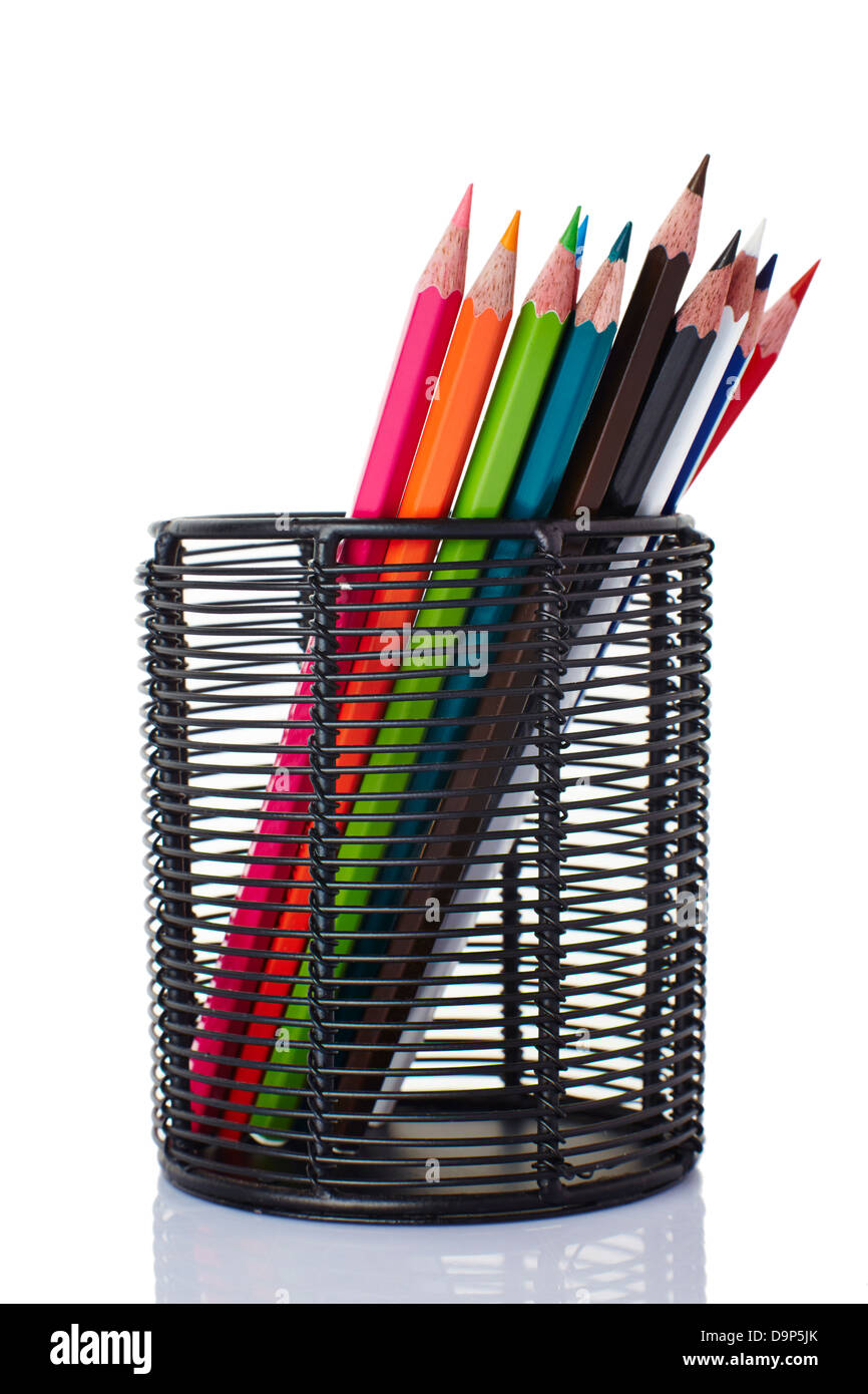 Colored pencils in a pen stand Stock Photo Alamy