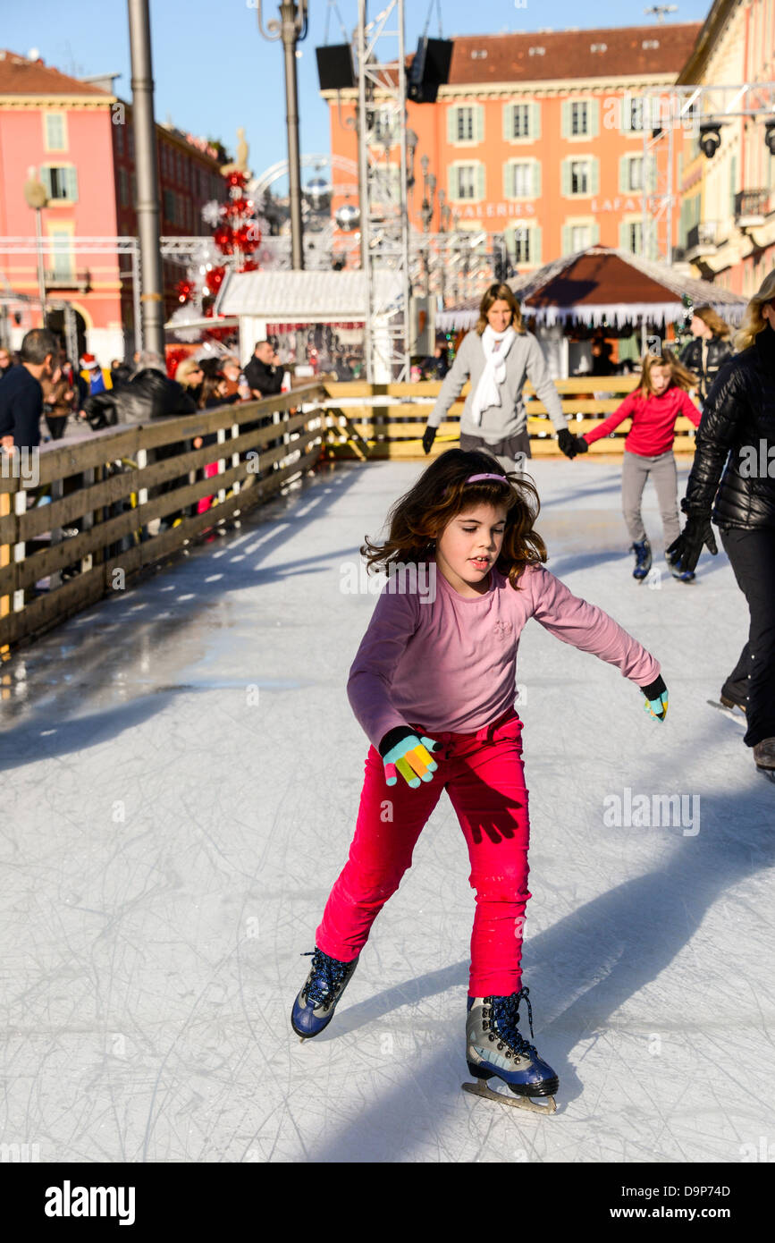 Ice-skating in central Nice in December Stock Photo