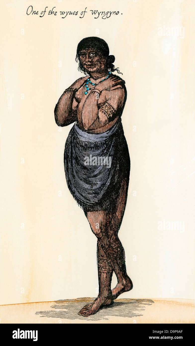 One of the wives of Wyngyno, a Native American chief, Raleigh's Colony, 1500s. Hand-colored woodcut of a John White illustration Stock Photo
