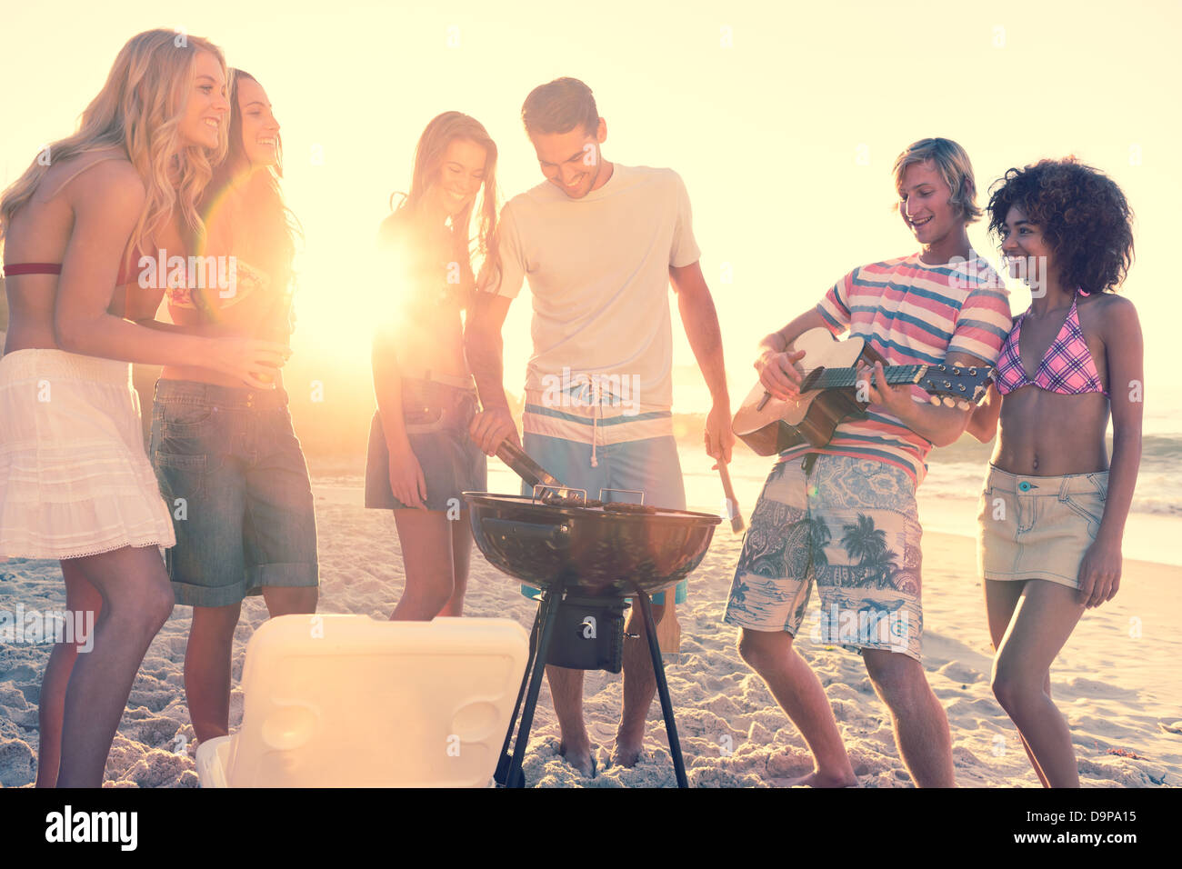 Friends having a barbecue on the beach Stock Photo Alamy