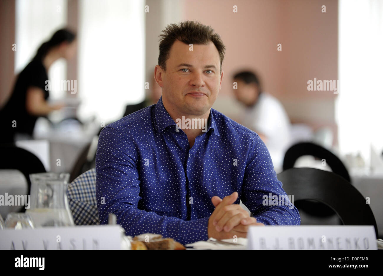 Soyuz crew commander Roman Yurievich Romanenko is are seen during a press conference in Teplice, Czech Republic, June 24, 2013. Roman Yurievich Romanenko arrived to rehabilitate to Teplice spa after 145 days in space. (CTK Photo/Libor Zavoral) Stock Photo