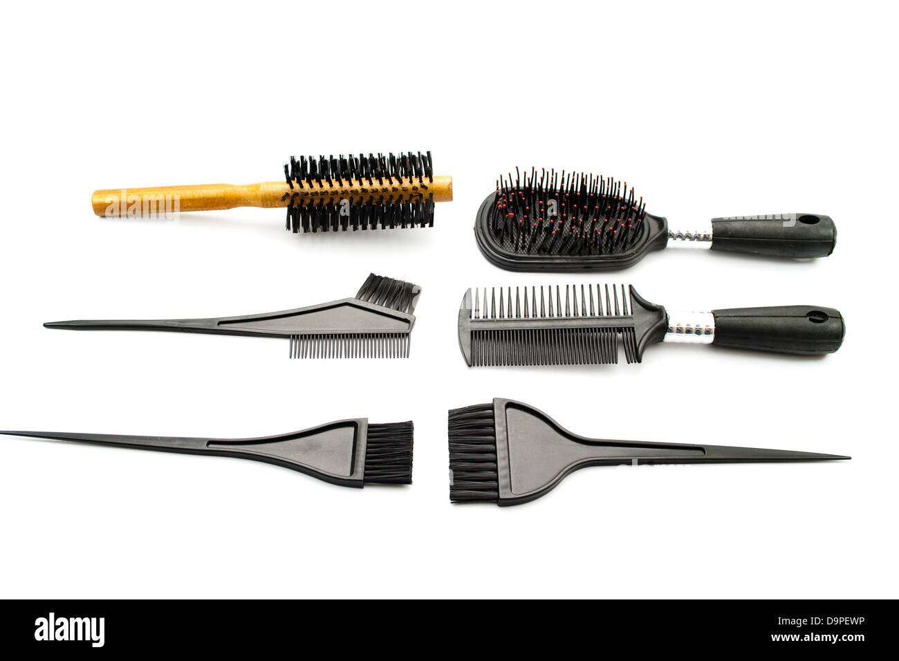 Different hairbrush on white background Stock Photo
