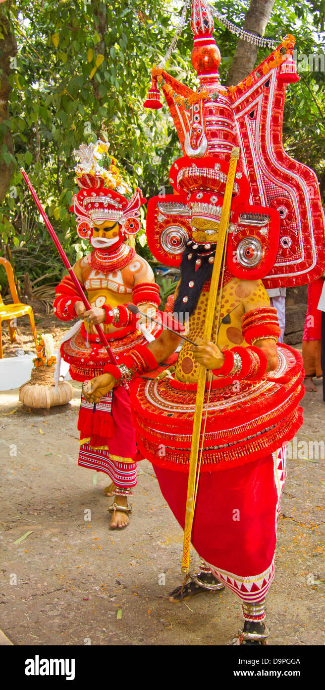 THEYYAM GODS ACTING IN A RELIGIOUS CEREMONY IN KANNUR  KERALA SOUTHERN INDIA Stock Photo