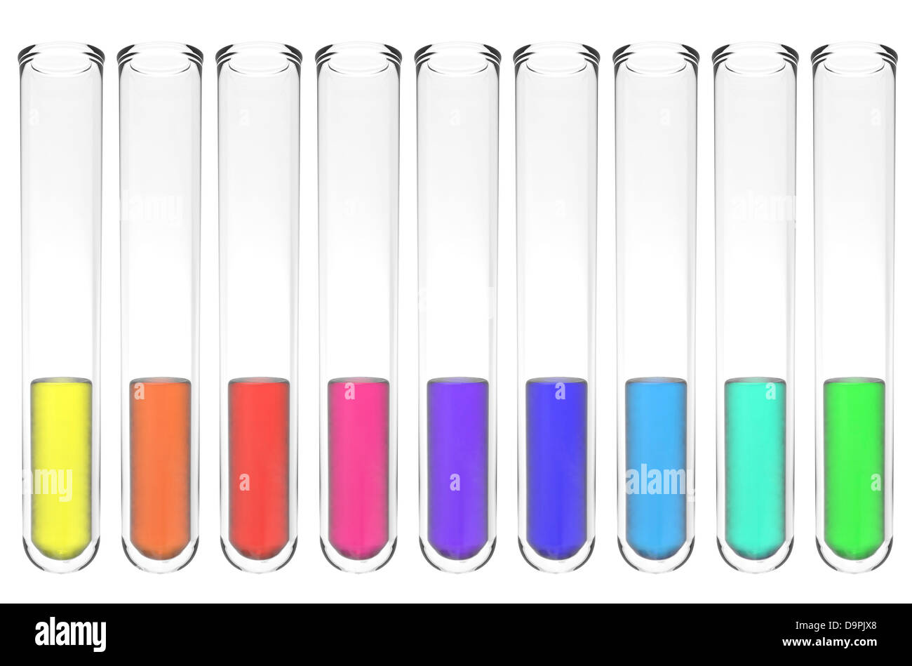 collection of test tubes with bright multicolored liquids Stock Photo