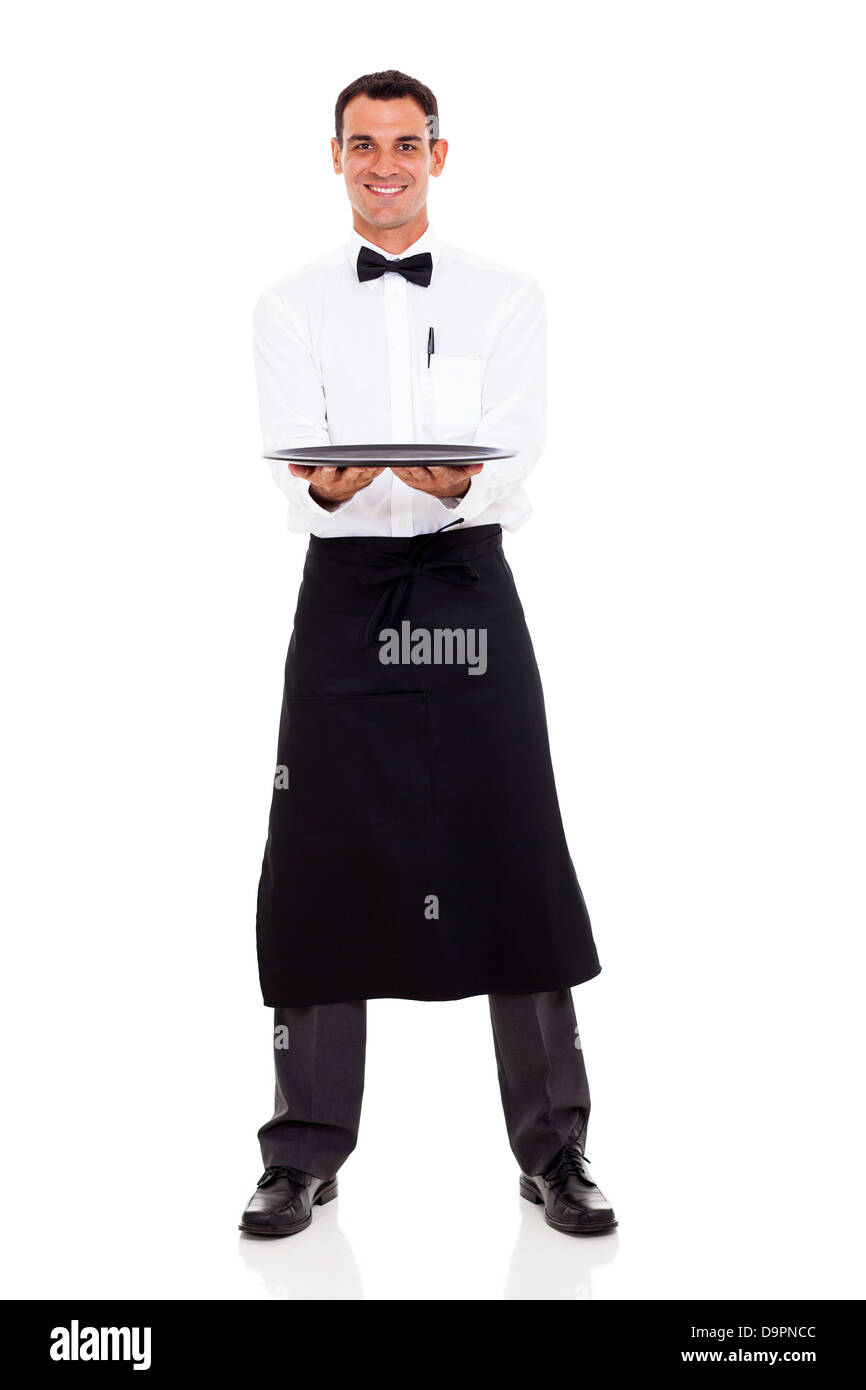 good looking waiter holding empty tray isolated on white Stock Photo
