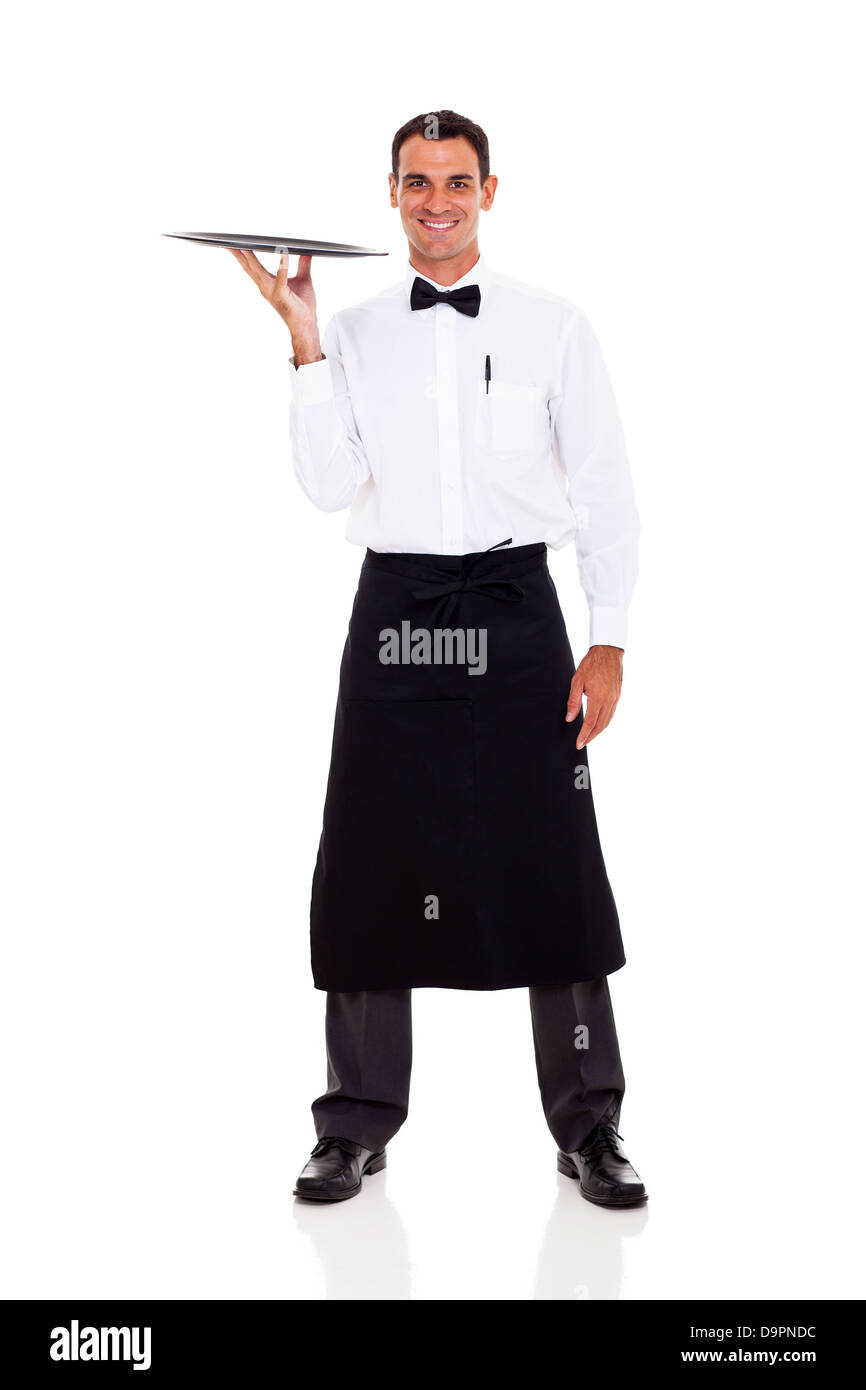 happy waiter full length portrait isolated on white Stock Photo