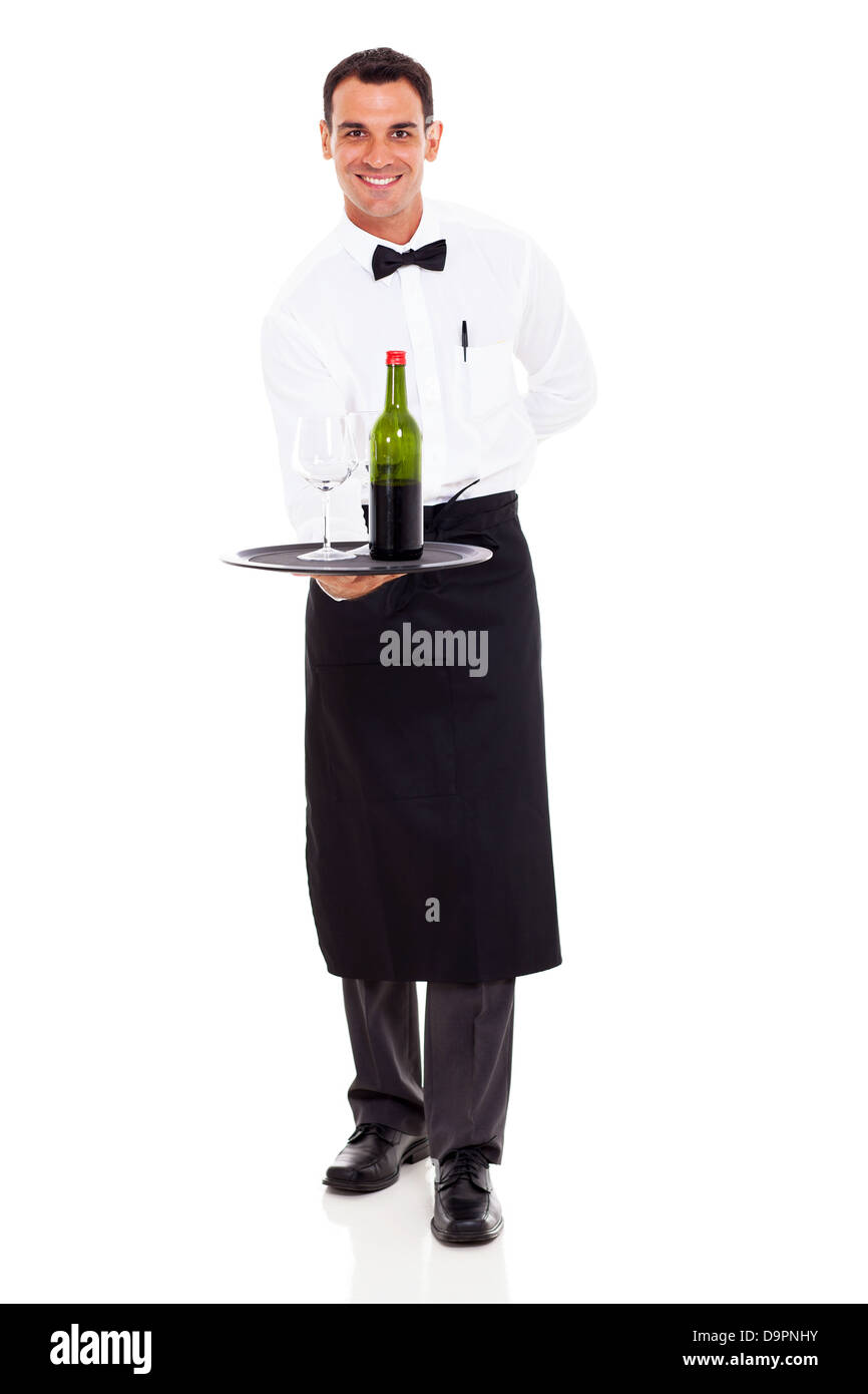 smiling restaurant sommelier holding tray of wine and glass Stock Photo