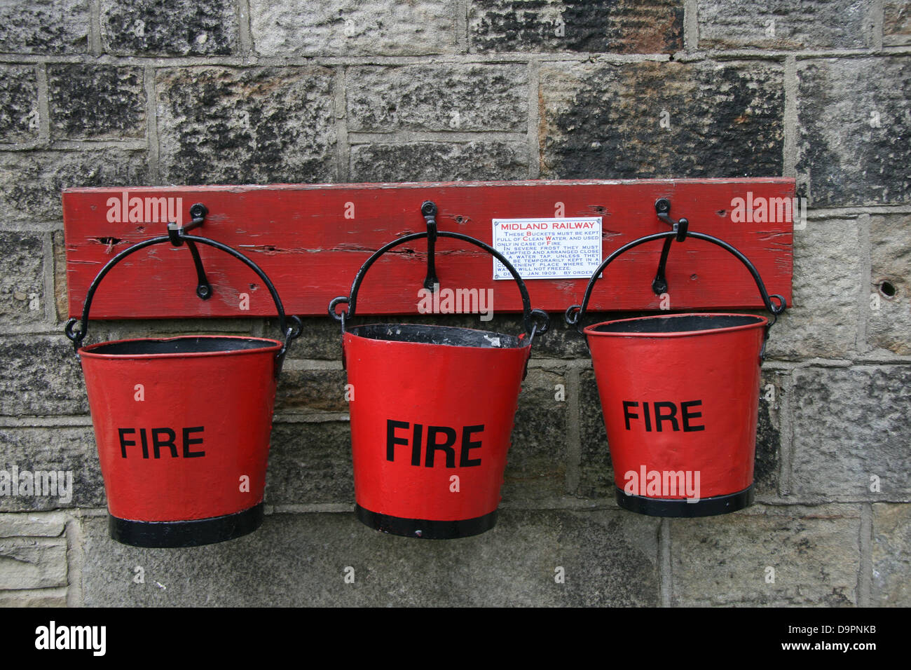 Fire buckets, Embsay Railway Station, Embsay and Bolton Abbey Steam Railway, North Yorkshire, UK Stock Photo