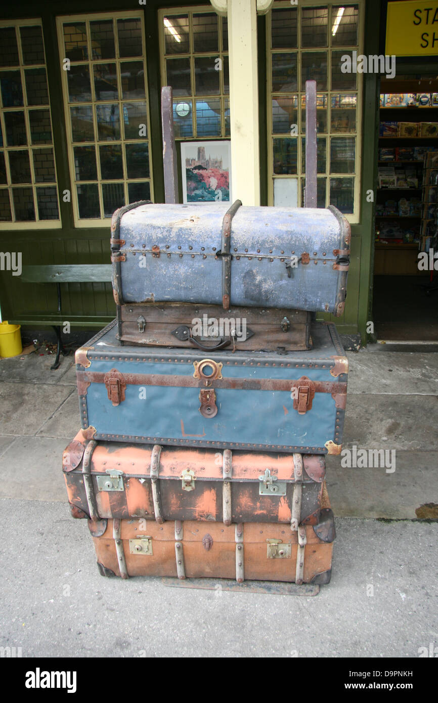 Old suitcases, Embsay Railway Station, Embsay and Bolton Abbey Steam Railway, North Yorkshire, UK Stock Photo