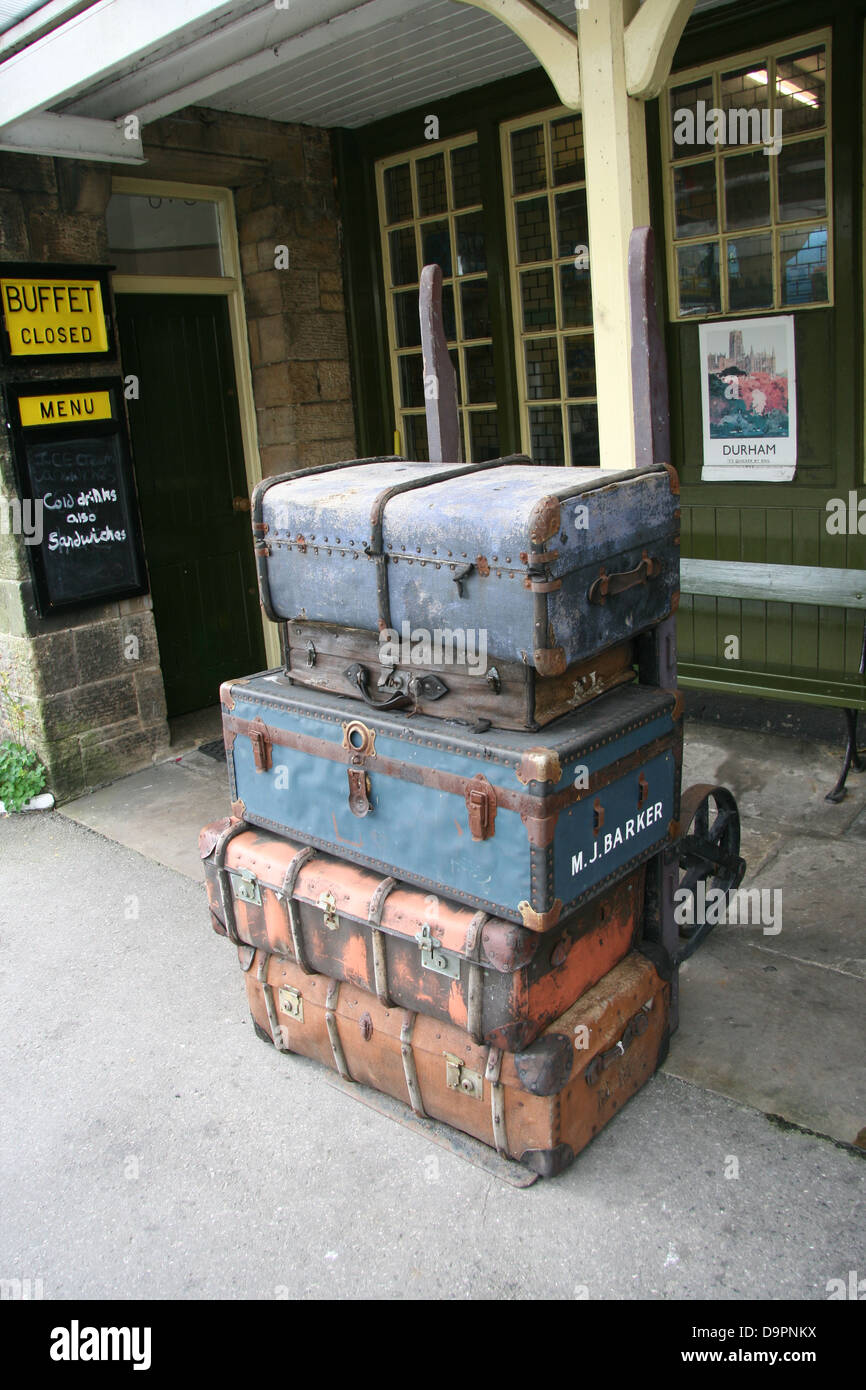 Old suitcases, Embsay Railway Station, Embsay and Bolton Abbey Steam Railway, North Yorkshire, UK Stock Photo