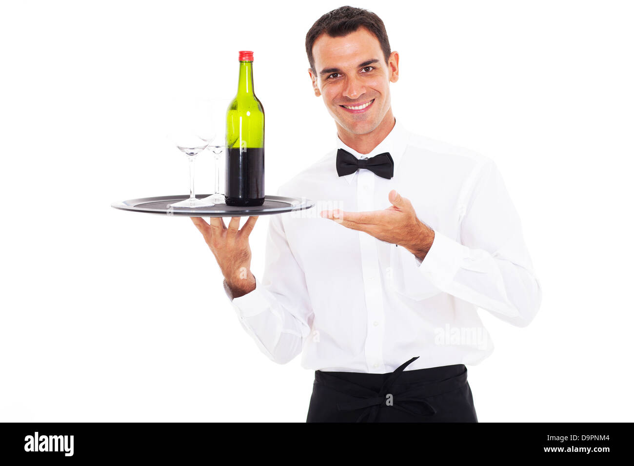 happy waiter holding tray of wine and glass Stock Photo