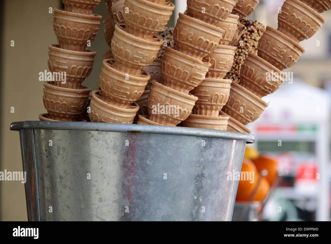 Ice cream cones stacked in an ice cream shop in Florence Stock Photo